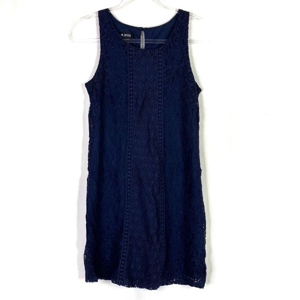 A. Byer Navy Lace Sleeveless Shift Dress Nylon Spandex Womens Small